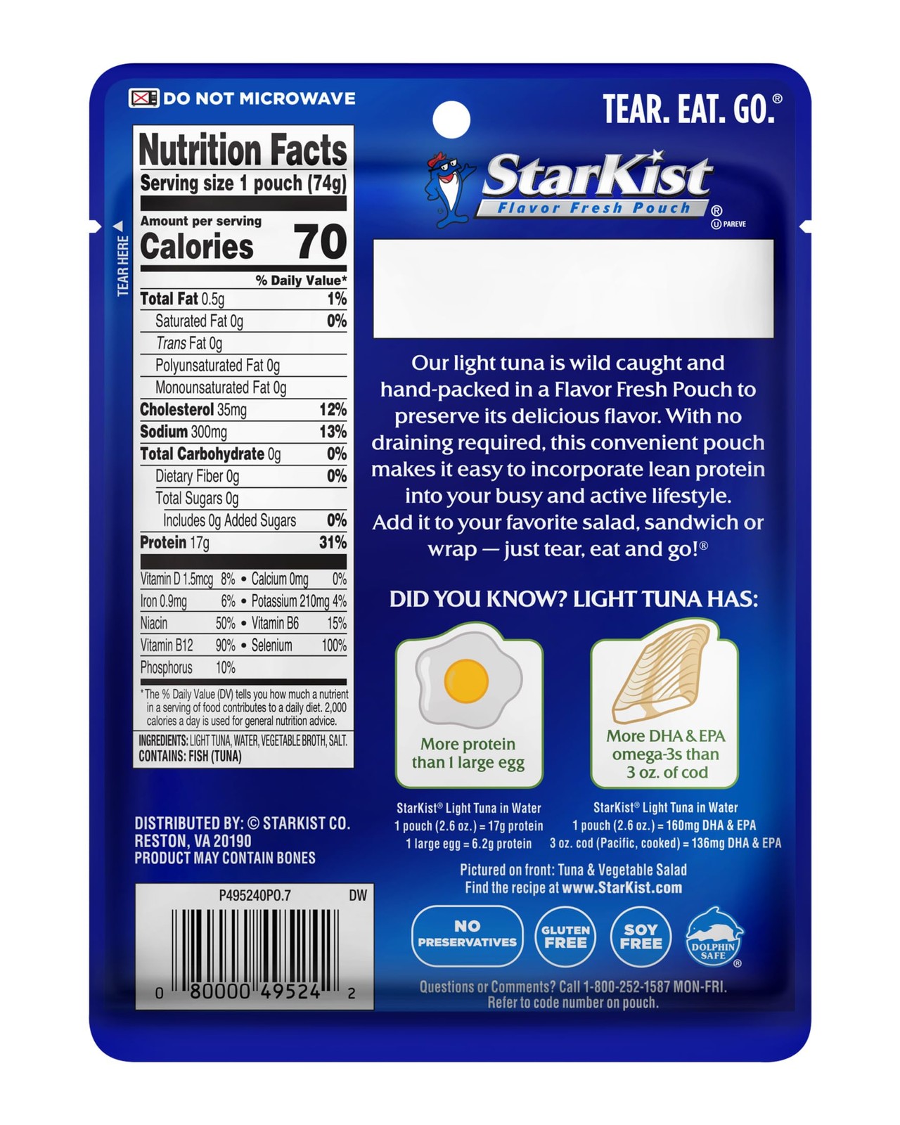 StarKist Light Tuna in Water Pouch 2.6 oz 12 Pack Ready to Eat, Wild Caught,…
