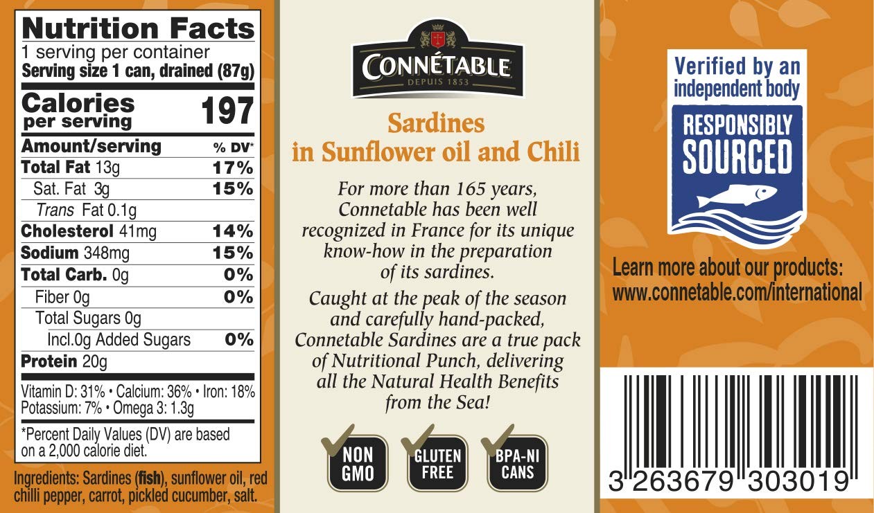 Sardines | | Sardines in Sunflower oil and Chili | 4.375 Ounce | Pack of 12