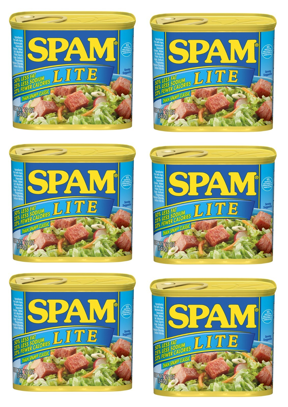 6 Pack Lot of SPAM Lite Less fat Less Sodium Fewer calories 12 Oz Cans