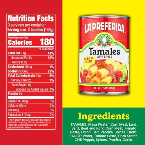 Canned Tamales Beef Pork 15 Oz Pack of 2 Ready to Eat Mexican Red Sauce