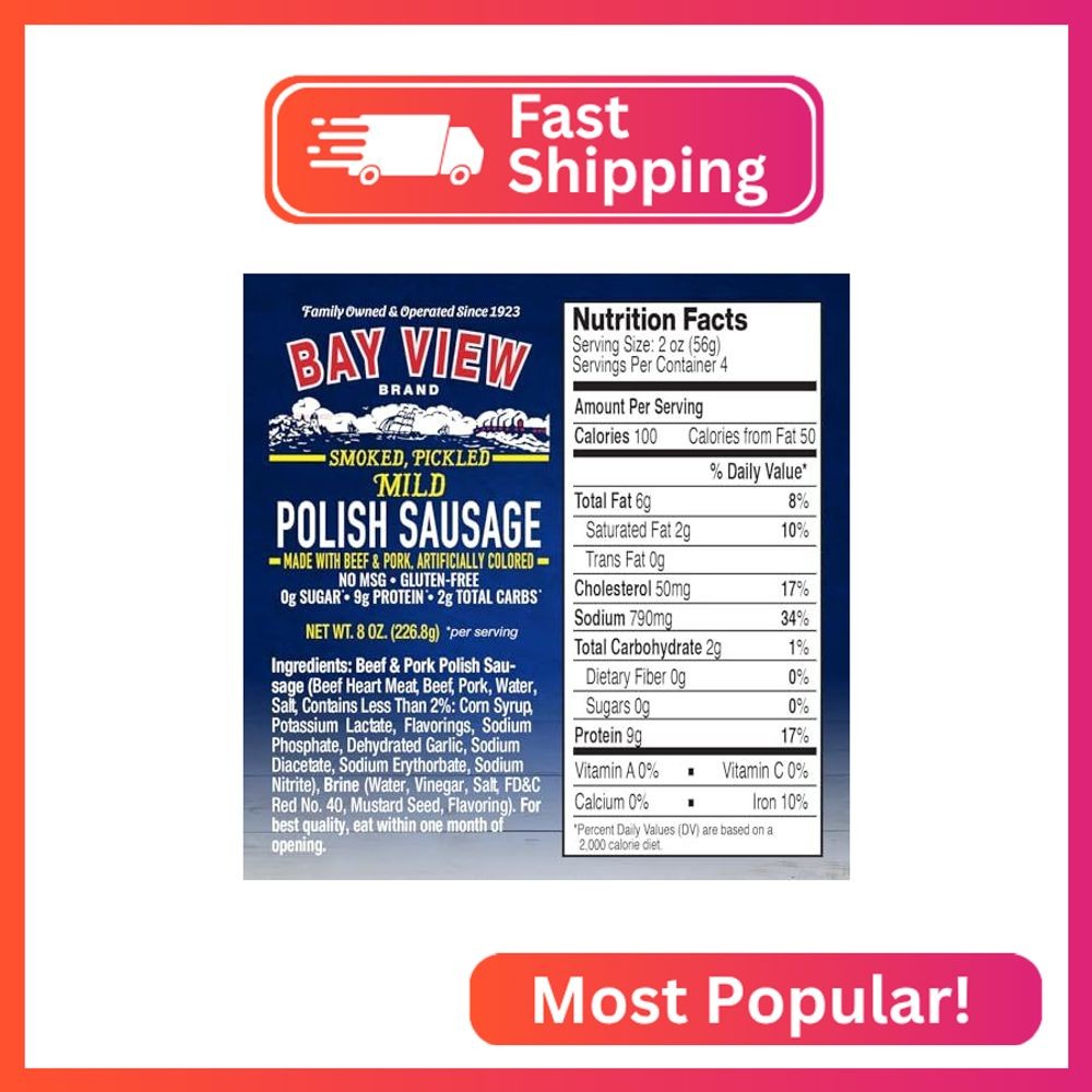 Bay View Smoked Pickled Polish Sausage, No MSG, Gluten Free, No Soy, 0g Sugar, 9
