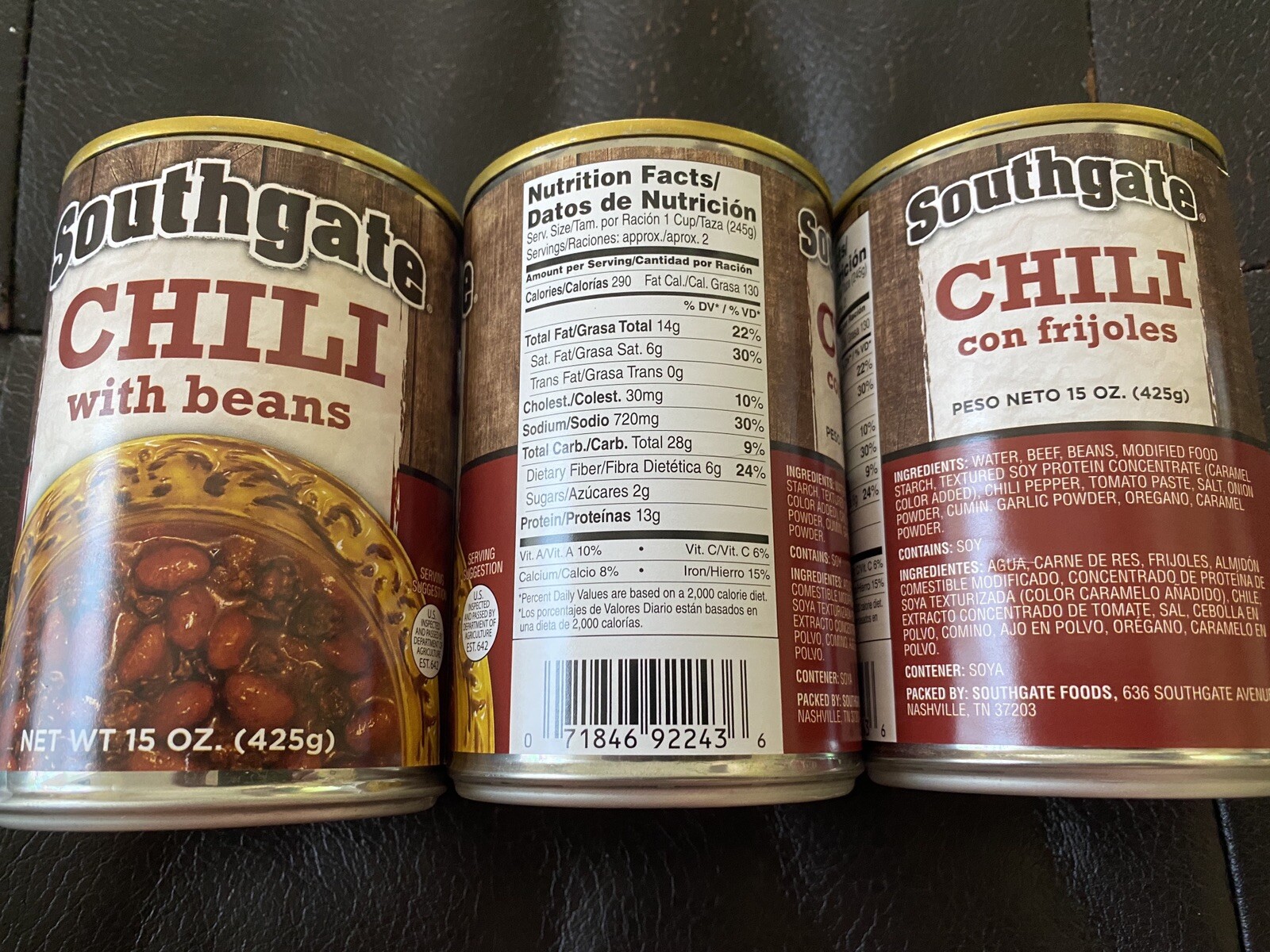 4 Cans of SOUTHGATE CHILI With Beans 15oz Cans..New Labels Exp. Date 02/2029