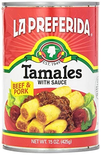 Canned Tamales Beef Pork 15 Oz Pack of 2 Ready to Eat Mexican Red Sauce