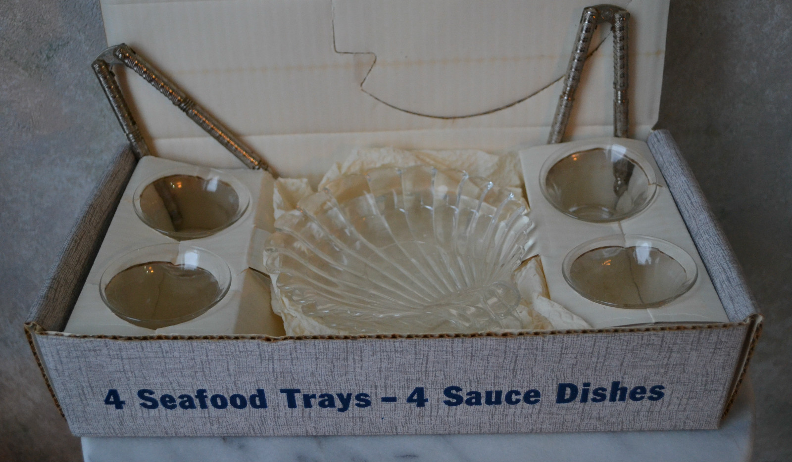 Vintage Federal Glass Beachcomber Seafood Set in original box, set 4 Tray Dish