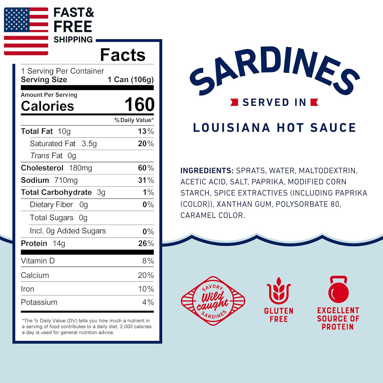 Wild Caught Sardines in Louisiana Hot Sauce, 3.75 Oz Can (Pack of 12) – 14G Prot