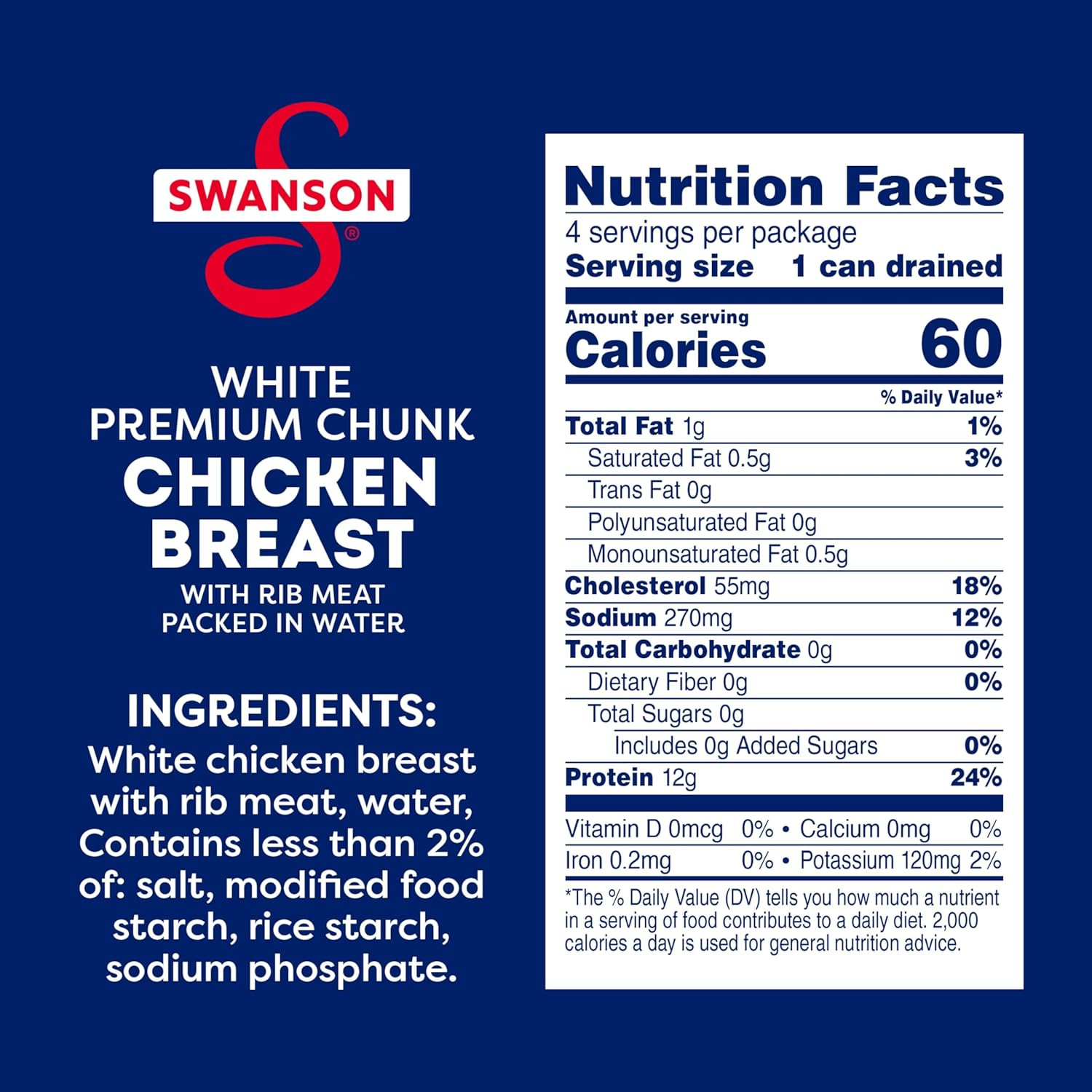 Swanson White Premium Chunk Chicken Breast with Rib Meat in Water, 4.5 Oz. (Pack