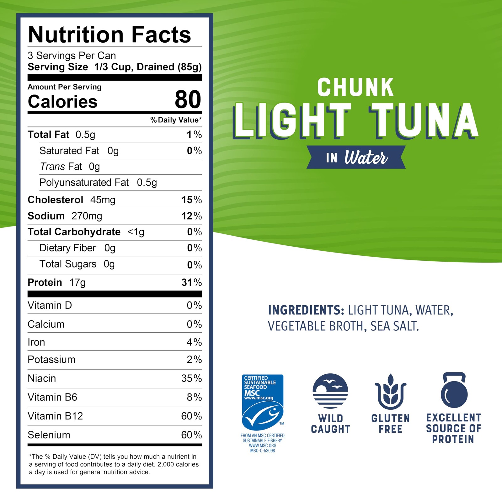 Chunk Light Tuna in Water, 12 oz Can (Pack of 12) – Wild Caught, 17g Protein