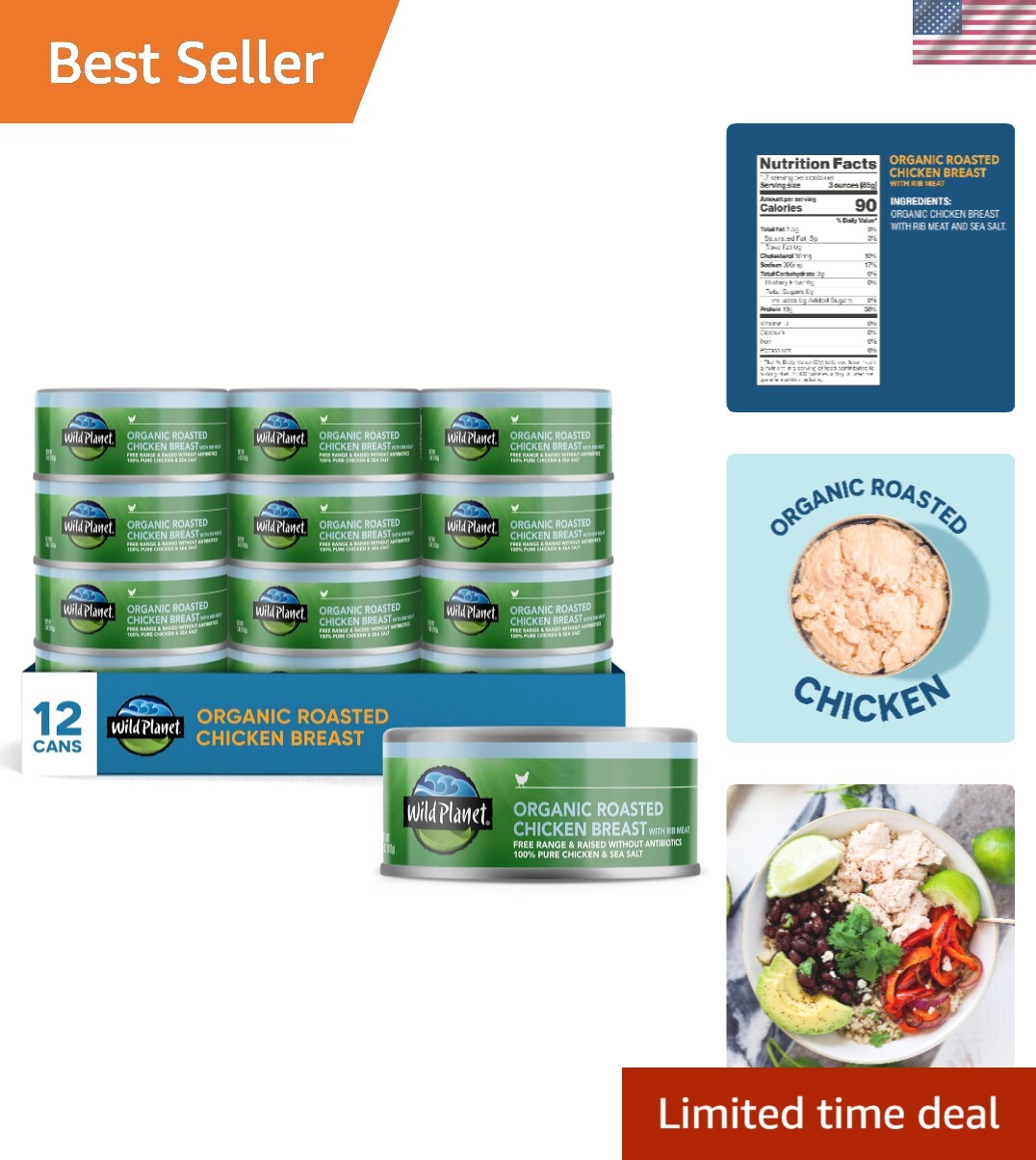 Convenient Organic Roasted Chicken Breast, Skinless, Boneless – Pack of 12 Cans