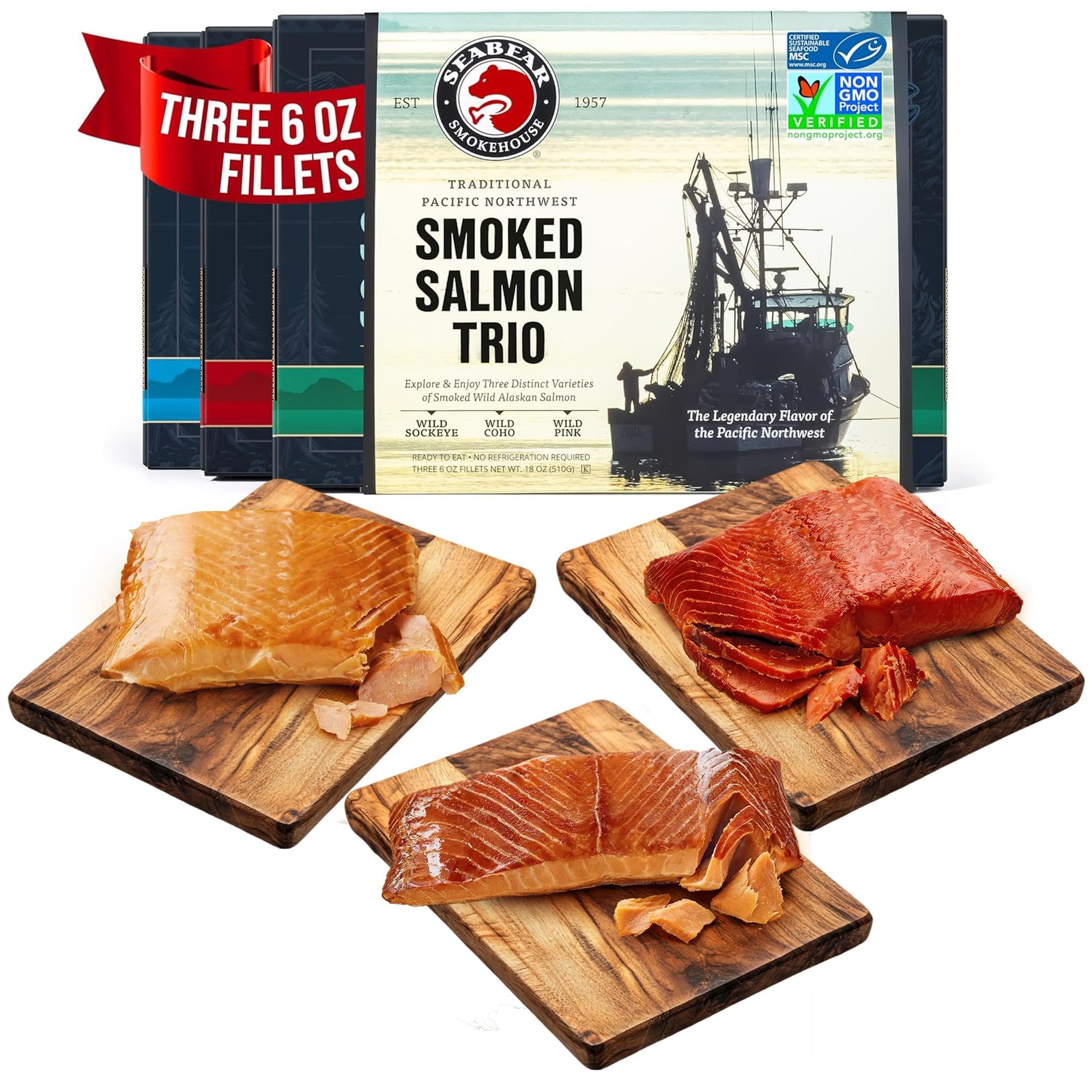Smoked Salmon Trio 18oz (3 x 6oz) Fillets Gift Box – Wild Alaska Sockeye, Wil…
