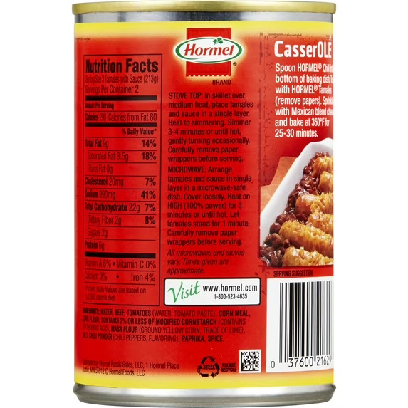 HORMEL Beef Tamales in Chili Sauce, Canned Tamales, Shelf-Stable, 15 oz Steel.