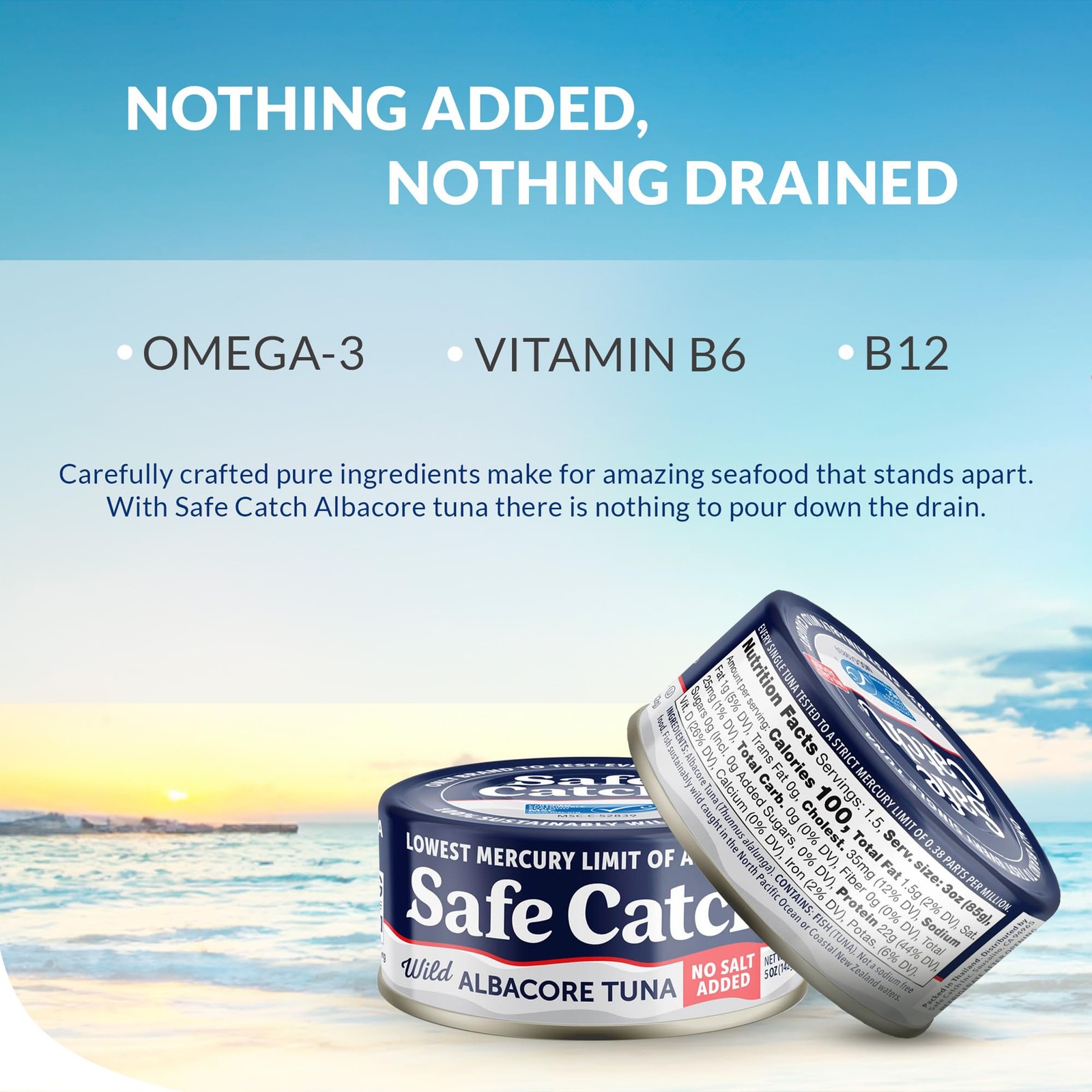 Albacore Tuna Fish Lowest Mercury Limit No Salt Added Wild Caught 5oz Can 6-Pack