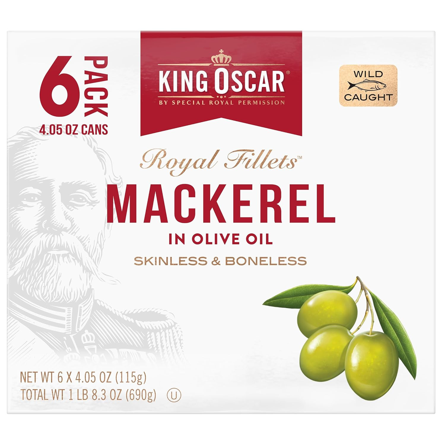 King Oscar Mackerel in Olive Oil Skinless Boneless Wild Caught 4.05 Oz Pack 6