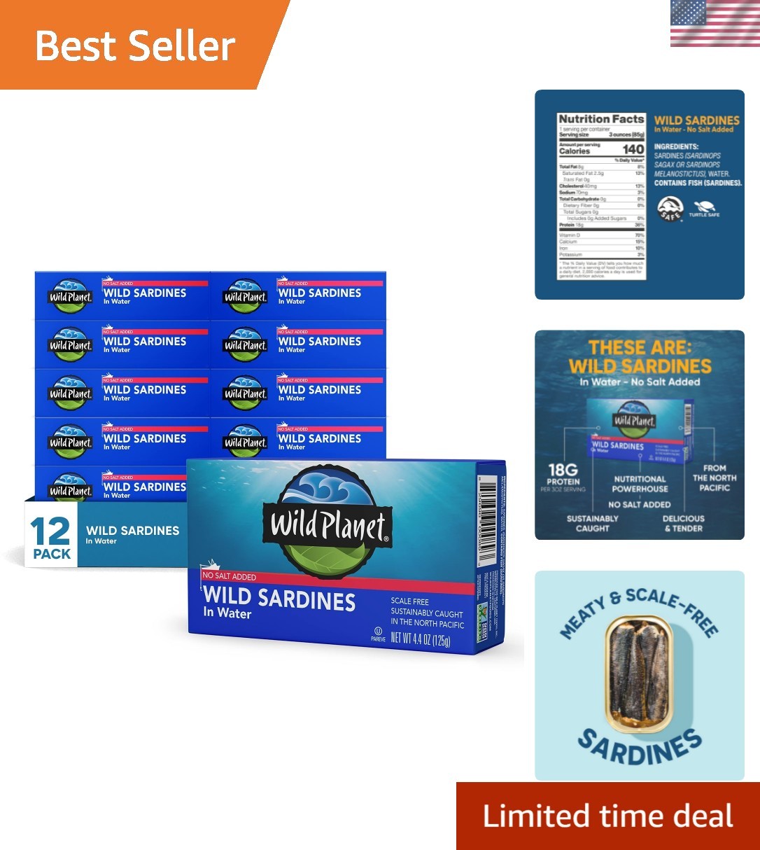 Sustainable Wild Sardines in Water – Meaty, Tender, No Salt Added, 4.4 oz x 12