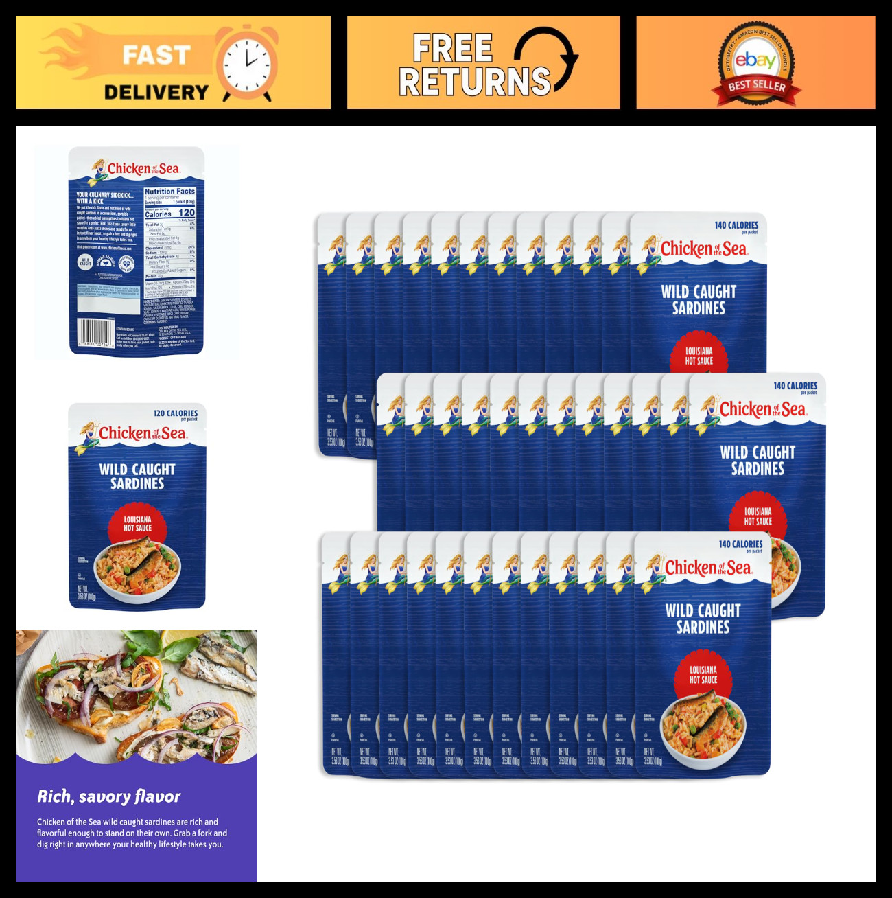 Wild Caught Sardines in Louisiana Hot Sauce, 3.53 oz Packets, Box of 36