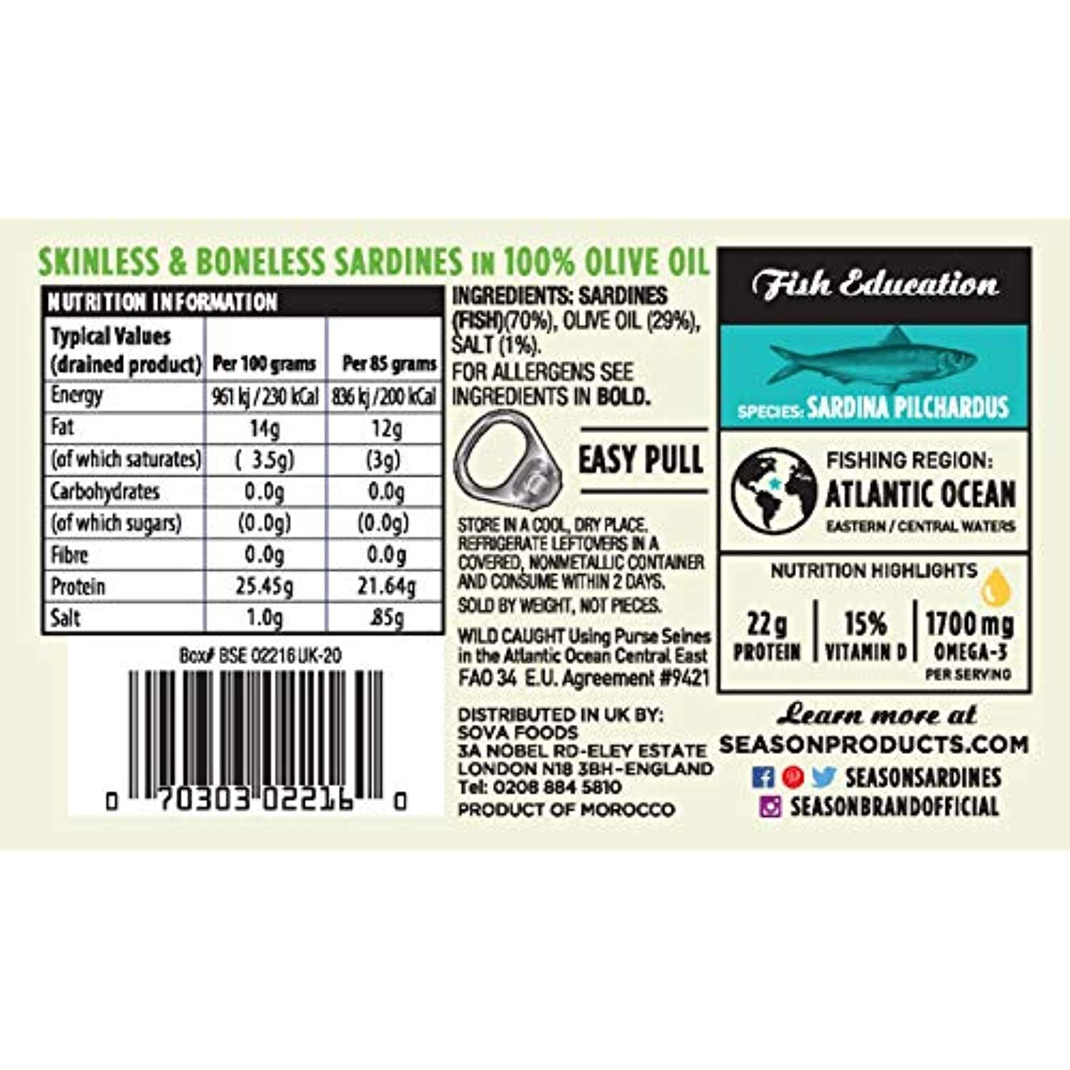 Season Sardines in Olive Oil | Skinless & Boneless, Gluten Free, Keto, Paleo, Ko
