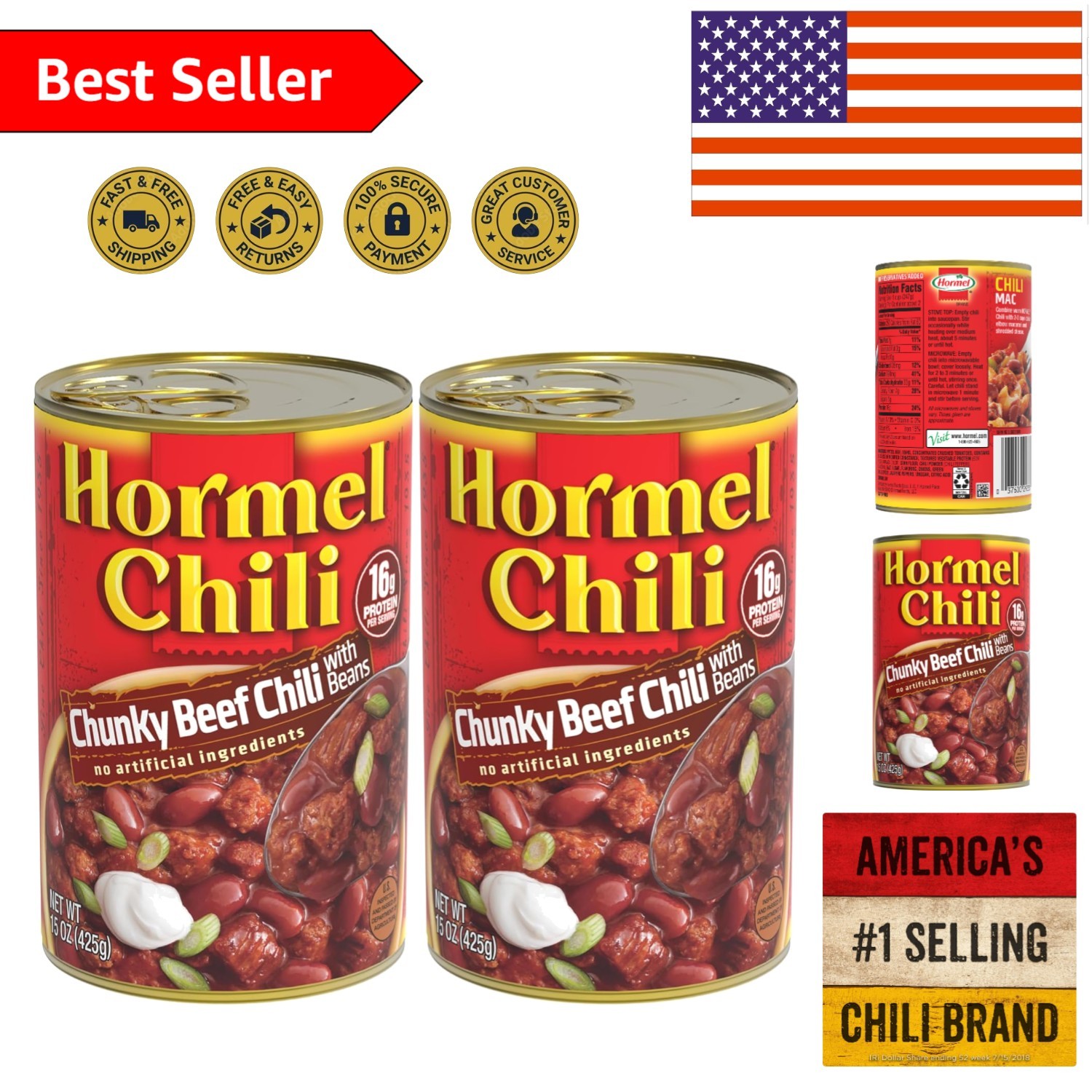 Savory Chunky Beef Chili with Beans – No Artificial Ingredients, 30 Oz Total