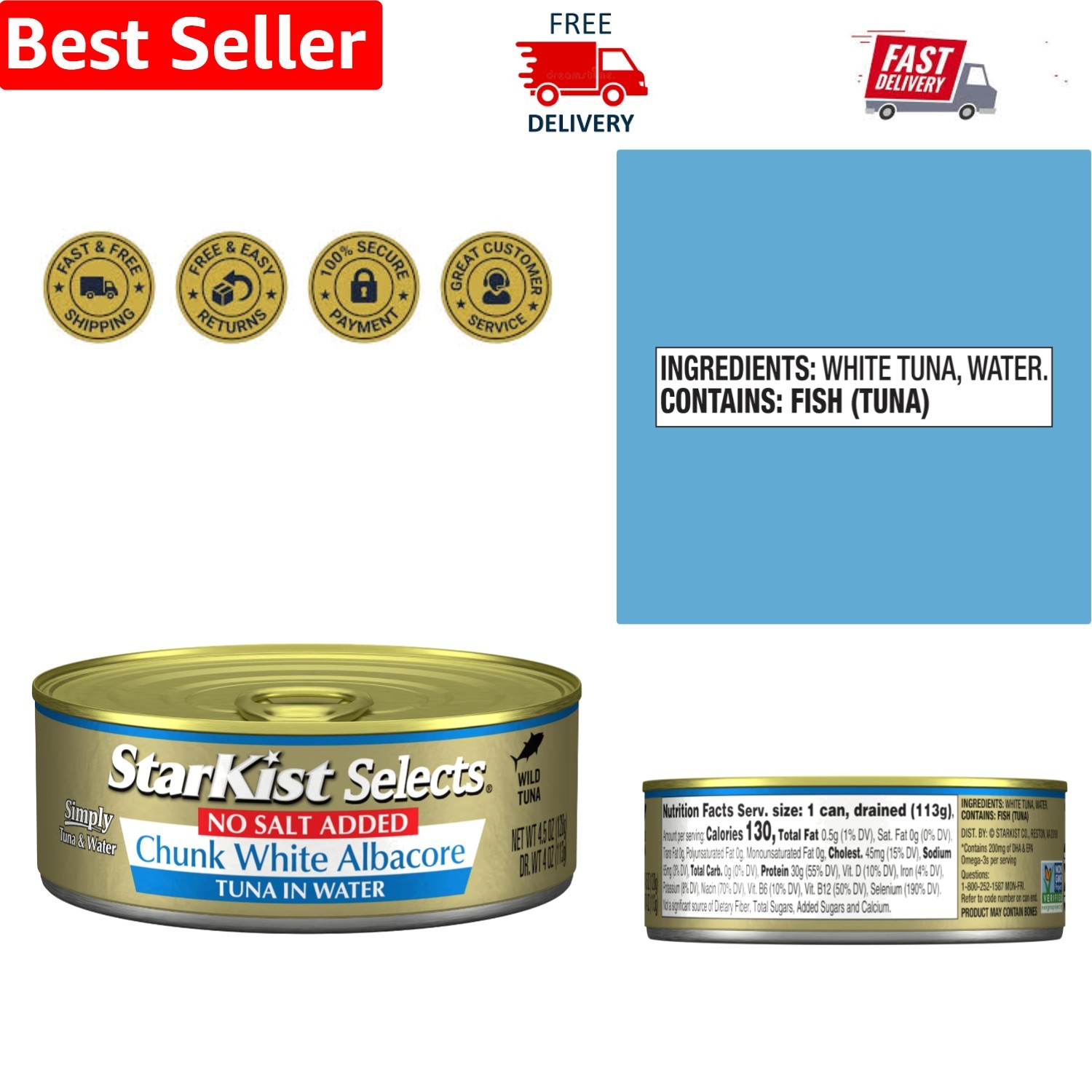 Delicious 4.5 oz Chunk White Albacore Tuna in Water – Gluten Free & Soy Free