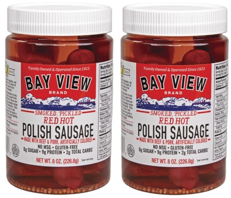 Bay View Smoked Pickled Red Hot Polish Sausage Gluten Free, 8 oz (2 Jars)