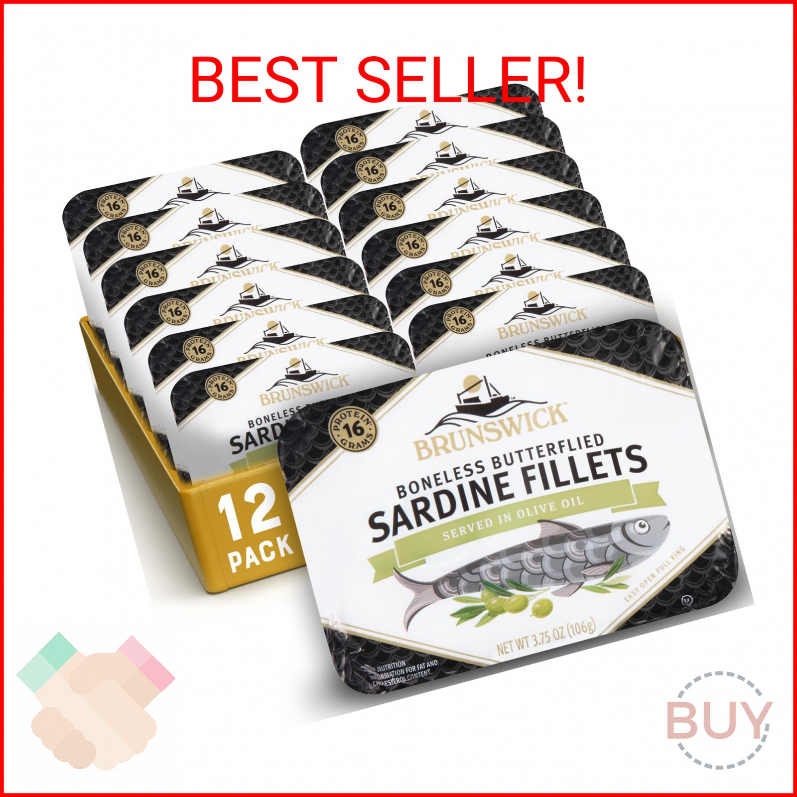 Brunswick Sardines in Olive Oil, 3.75 oz Can (Pack of 12) – Boneless Butterflied