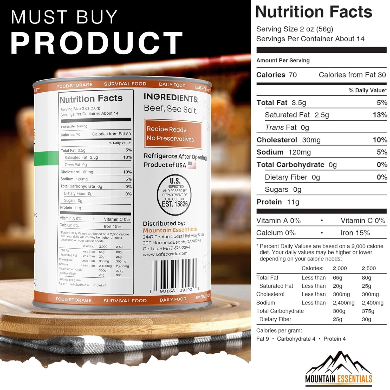 MOUNTAIN ESSENTIALS Fully Cooked Ready to Eat Canned Beef 28 Oz | Pack of 12