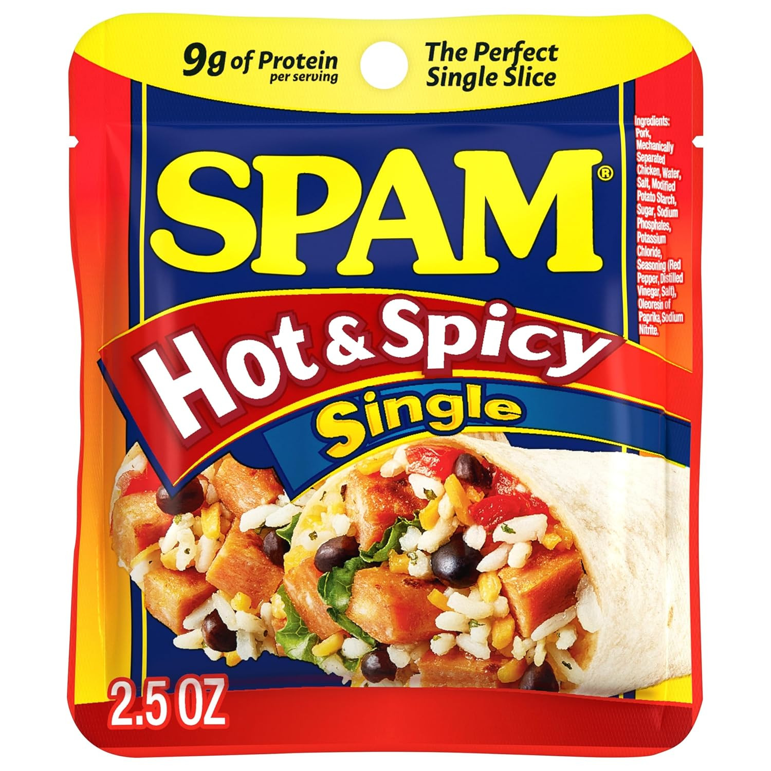 SPAM Hot & Spicy Single Pouches, Fully Cooked Pork with Ham, 2.5 oz, 12 Pack