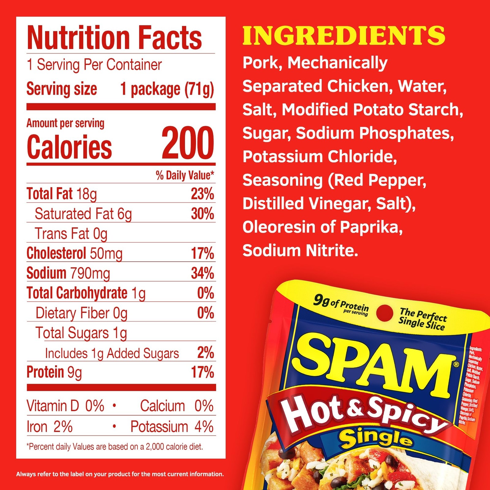 SPAM Single Hot & Spicy 2.5oz Pouch Pack of 12 Fully Cooked Pork and Ham