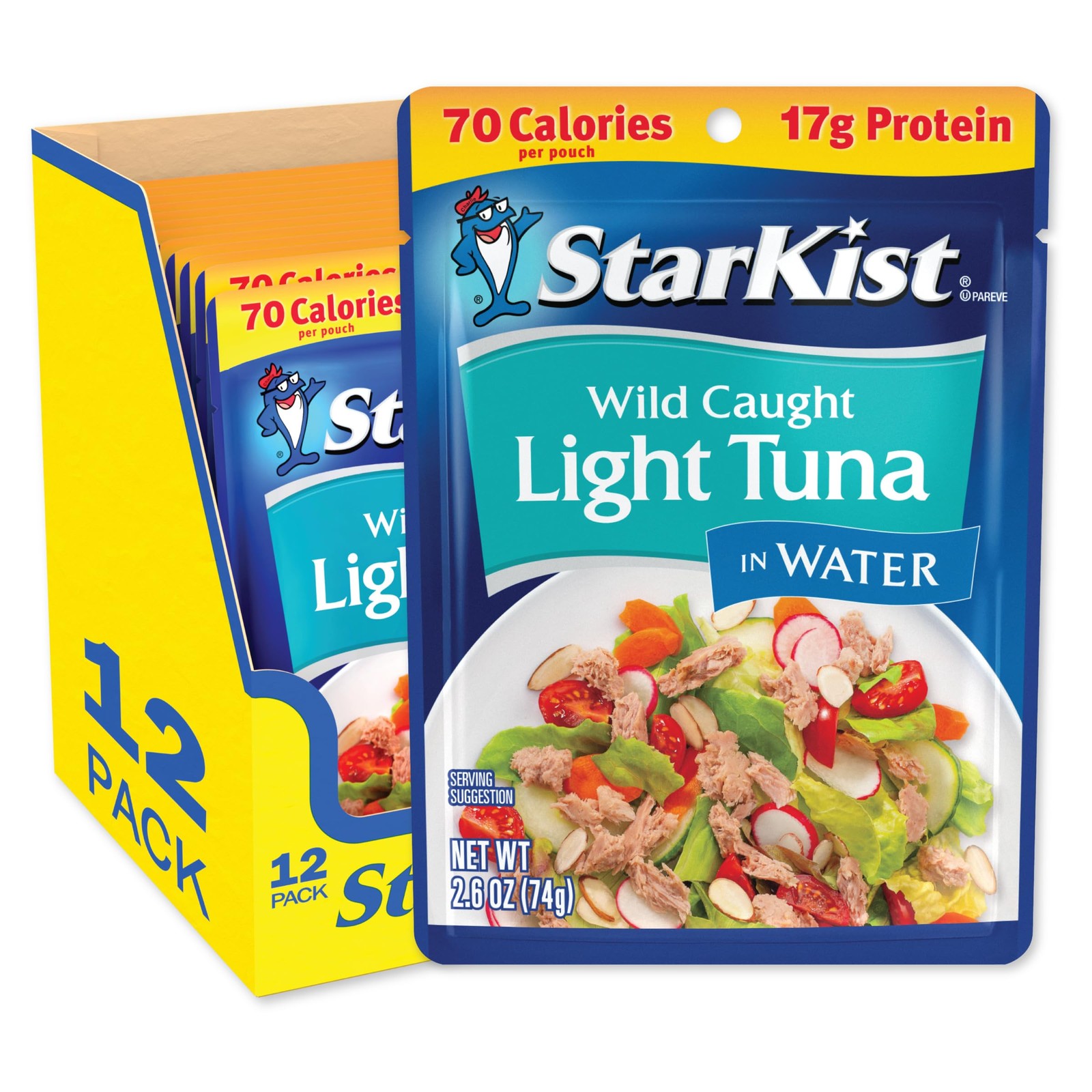 Light Tuna in Water Pouch 2.6 oz 12 Pack Ready to Eat, Wild Caught, 17g Prot…