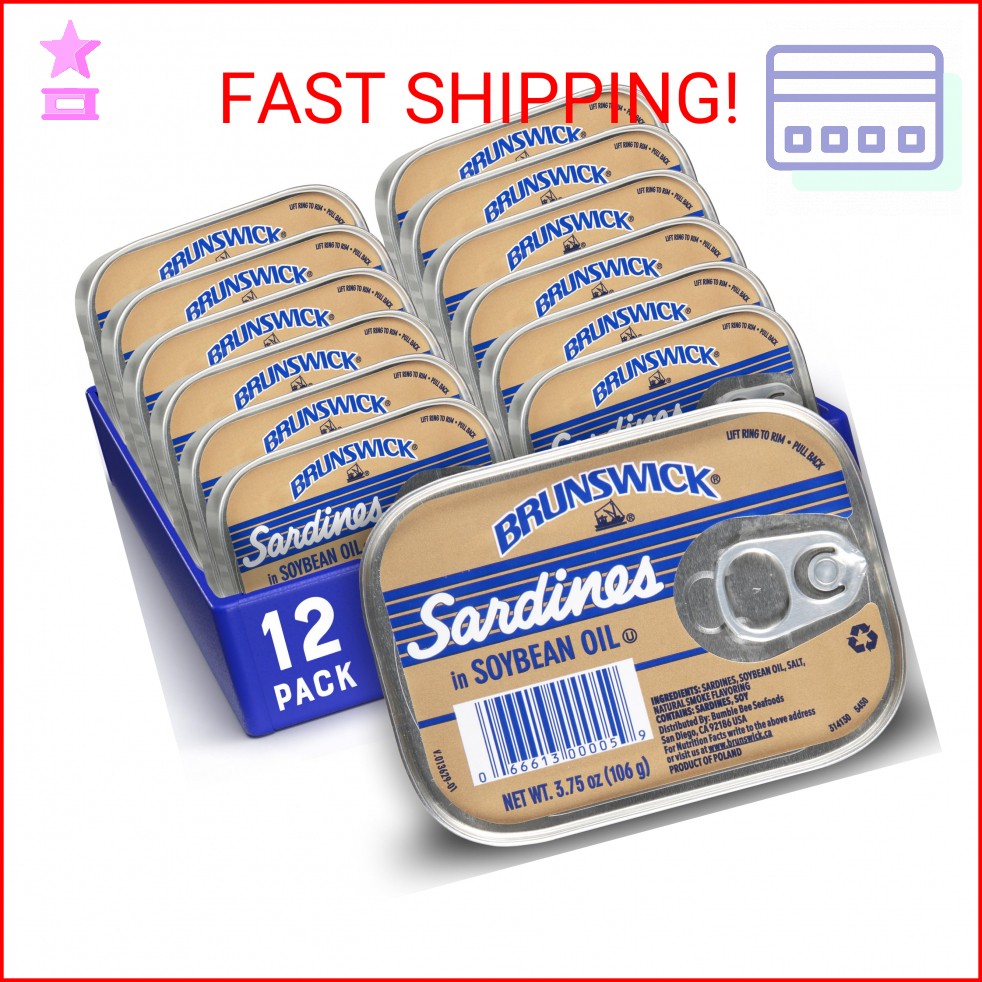 Brunswick Wild Caught Sardines in Soybean Oil, 3.75 oz Can (Pack of 12) – 14g Pr