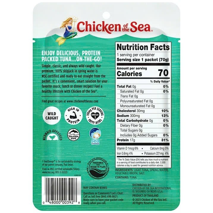 Chicken of the Sea Wild Caught Light Tuna in Spring Water 2.5 oz x 6 Packets