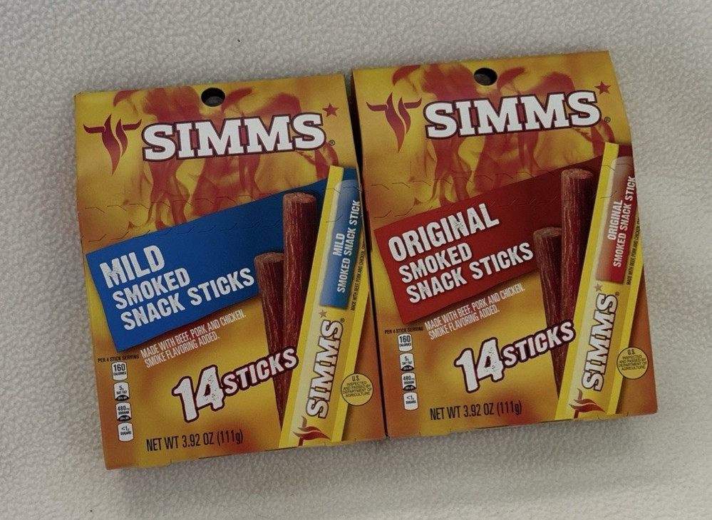 2 Simms Original & Mild Smoked Snack Sticks 28 Total Individual Sticks Sealed