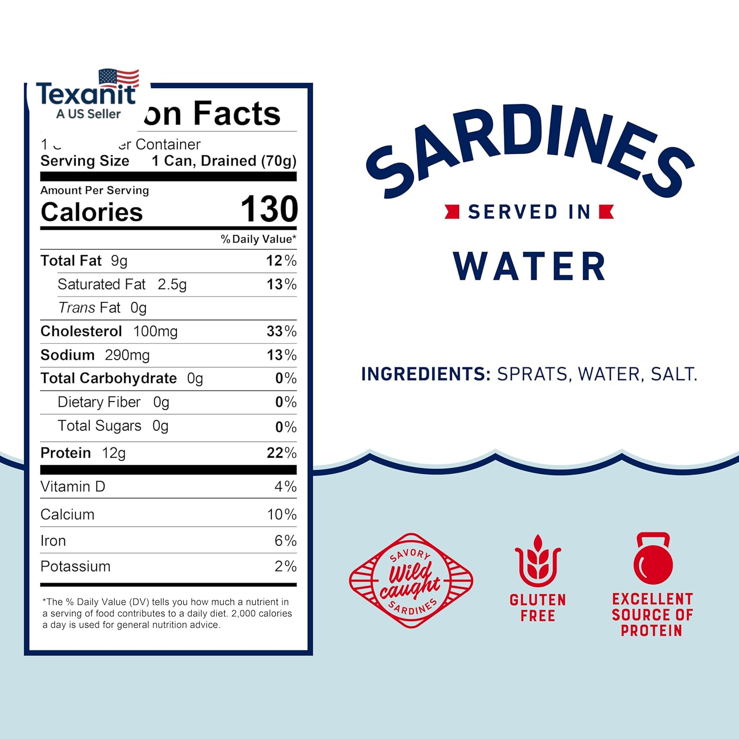 Sardines in Water, 3.75 Oz Can (Pack of 12) – Wild Caught Sardines – 12G Protein