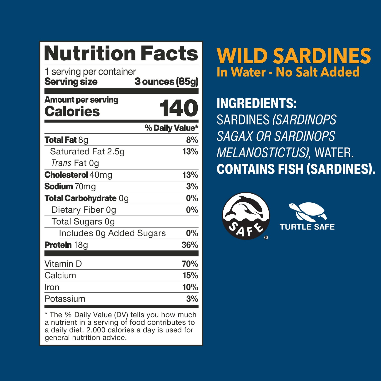 Sardines in Water, No Salt, Non-GMO, Sustainable Tinned Fish, 12-Pack, 4.4 Oz