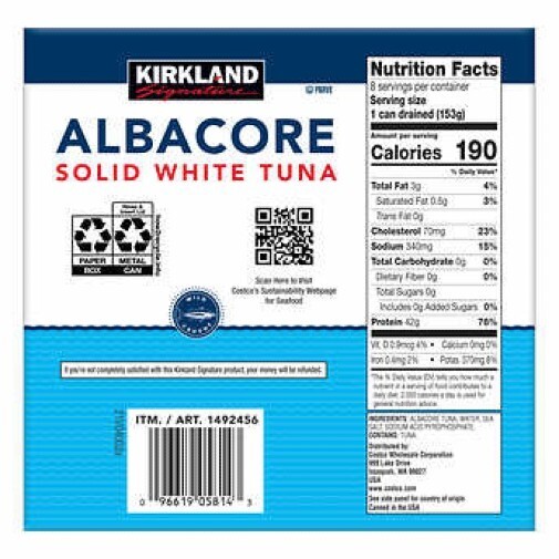Kirkland Signature Solid White Albacore Tuna Superior 8 Cans 3.5LB In Water Fish
