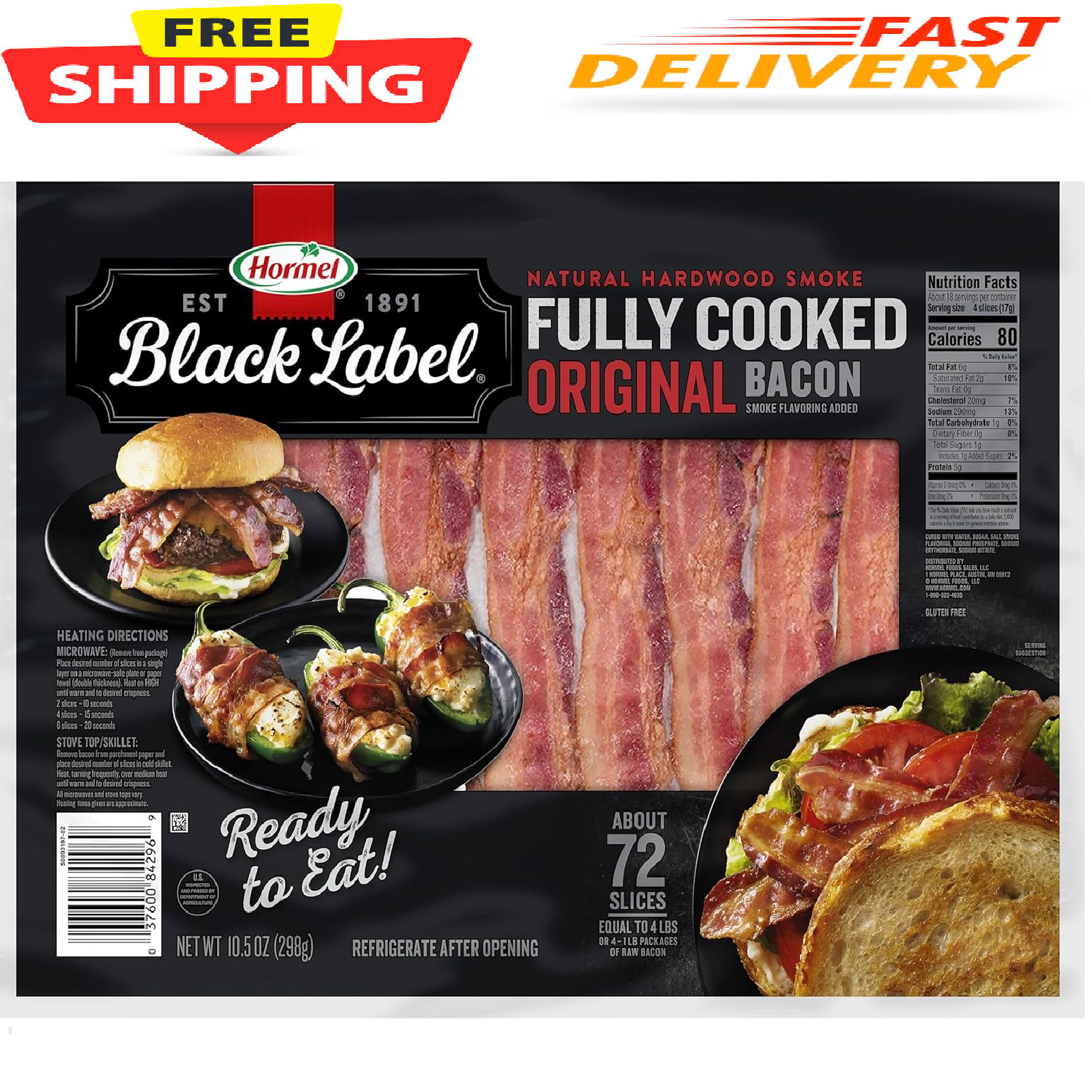 HORMEL BLACK LABEL Fully Cooked Bacon – Thick Bacon Snacks for Breakfast, 10.5 O