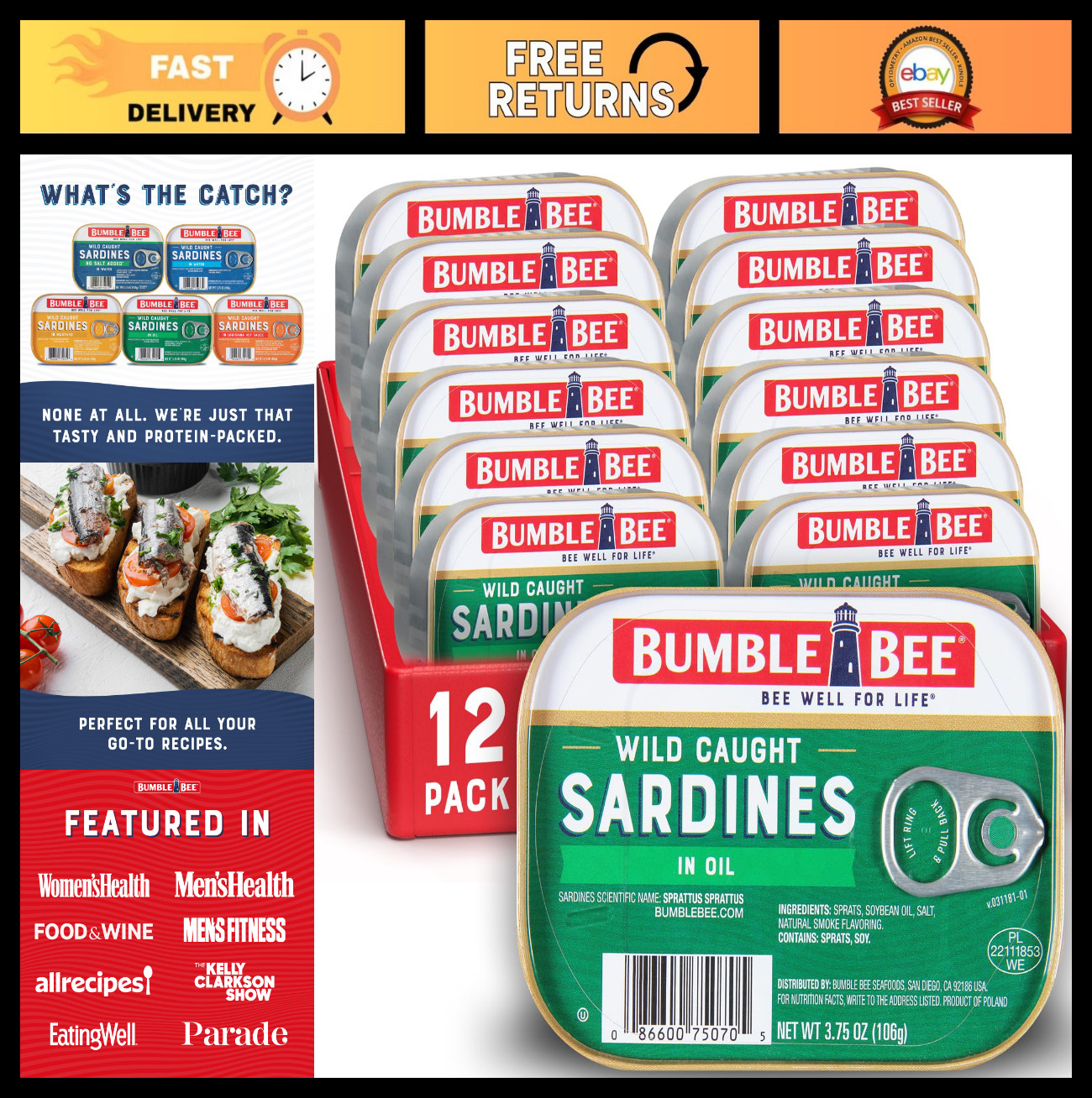 Wild Caught Sardines in Oil, 3.75 oz Tin – Pack of 12, Gluten Free, Keto, Kosher