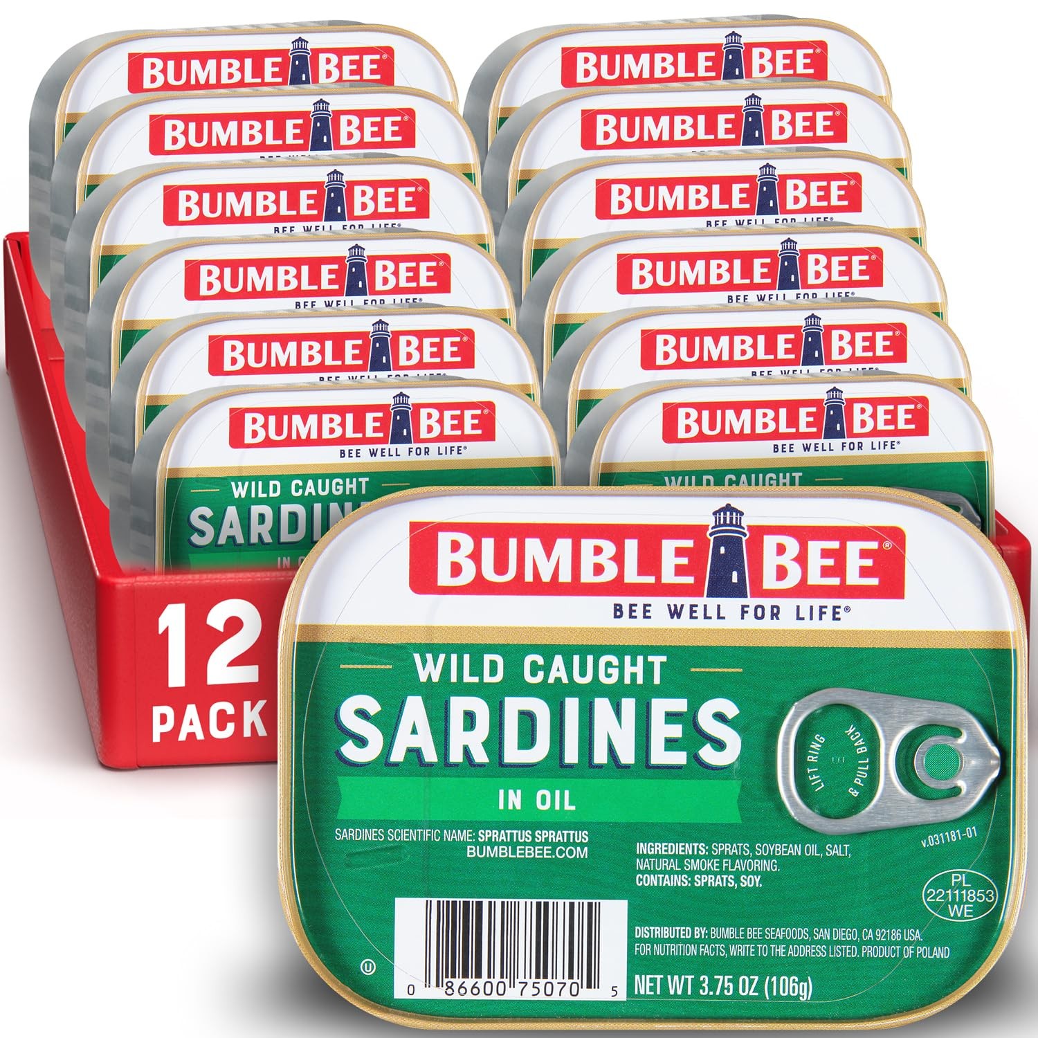 Bumble Bee Sardines in Oil, 3.75 oz Tin (Pack of 12) – Wild Caught, Gluten Free,