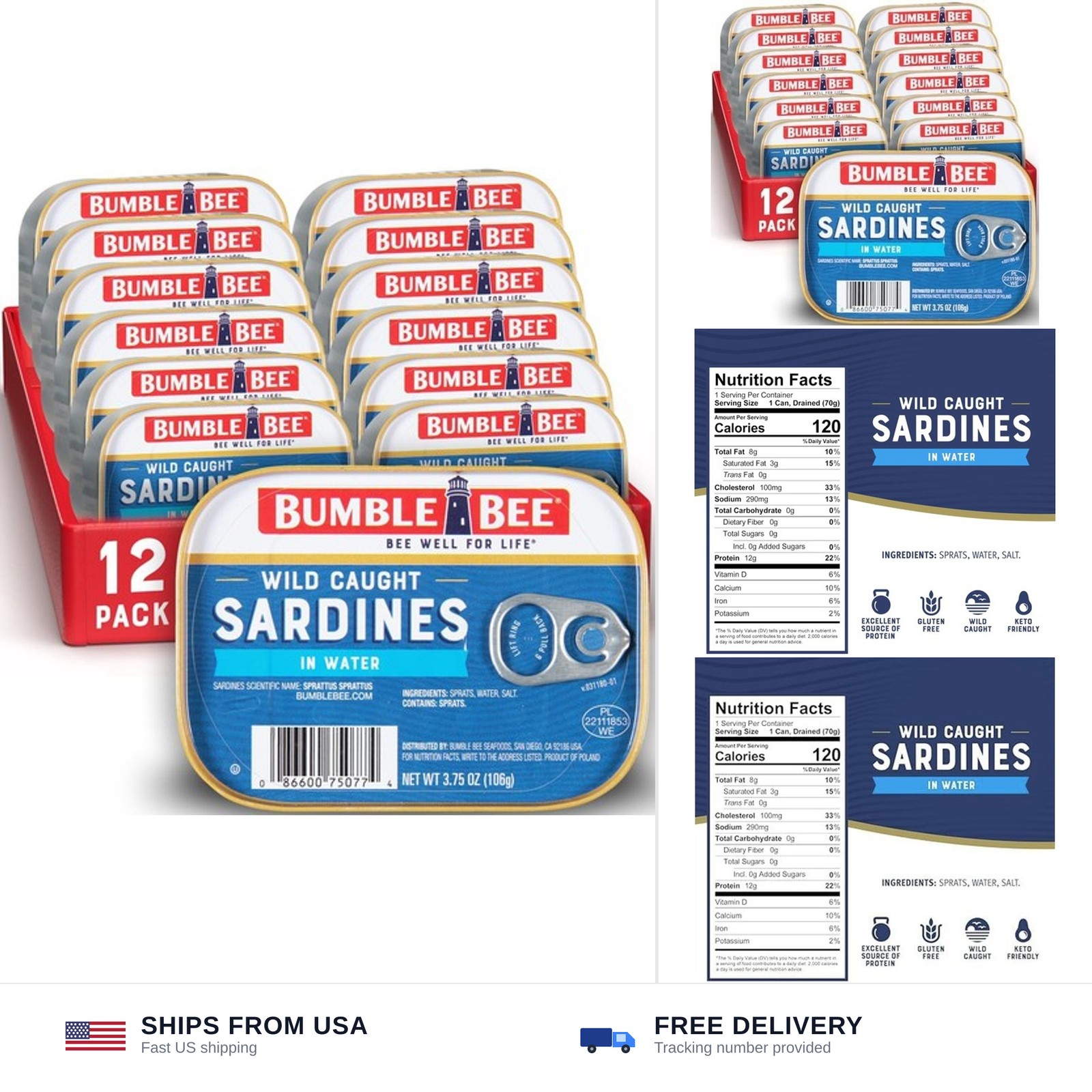Bumble Bee Sardines in Water, 3.75 oz Tin (Pack of 12) – Wild Caught, Gluten …