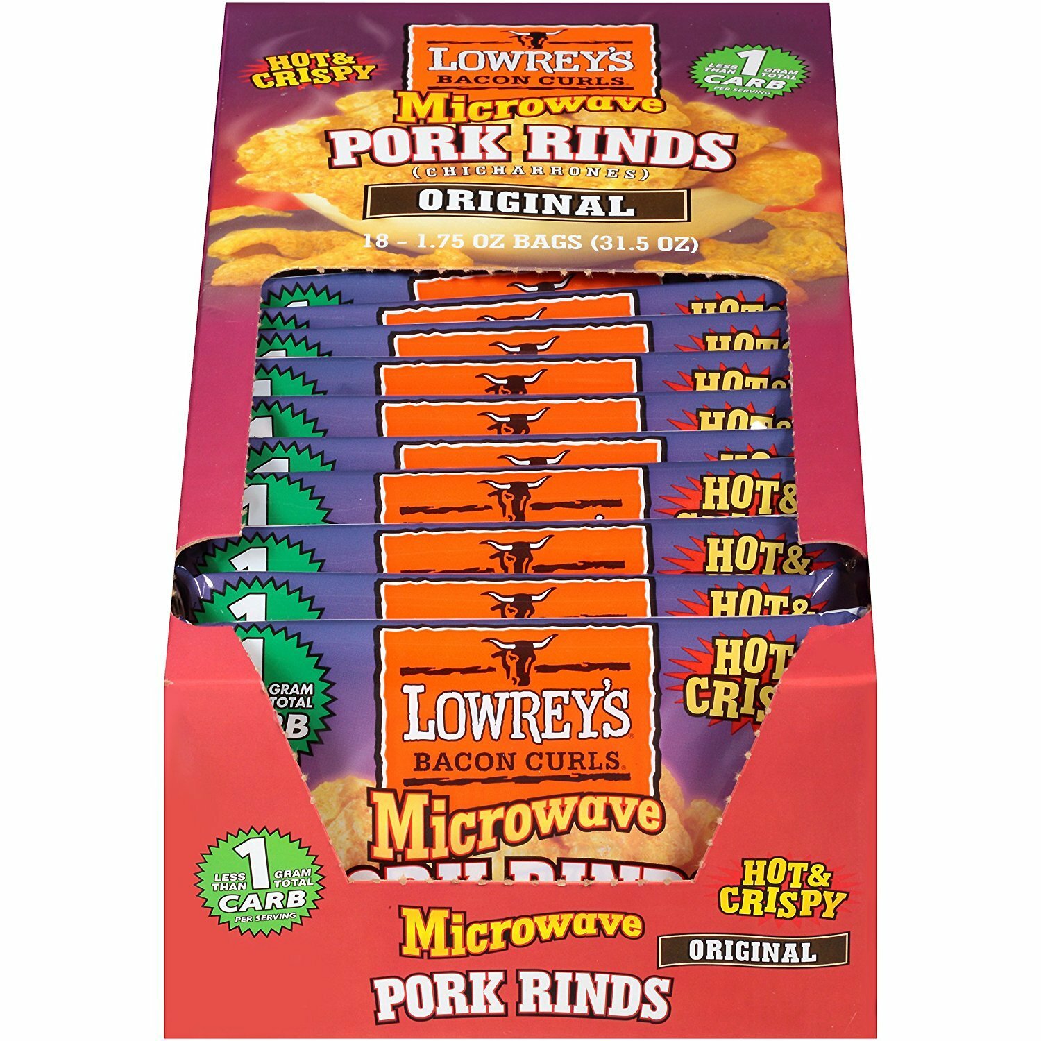 Lowrey’s Bacon Curls Microwave Pork Rinds (Chicharrones), 1.75 Oz Pack of 18