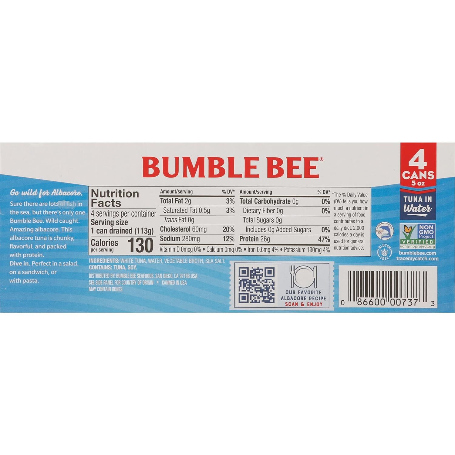 BUMBLE BEE Chunk White Albacore Tuna in Water, 5 Ounce Can (Pack of 4), Wild