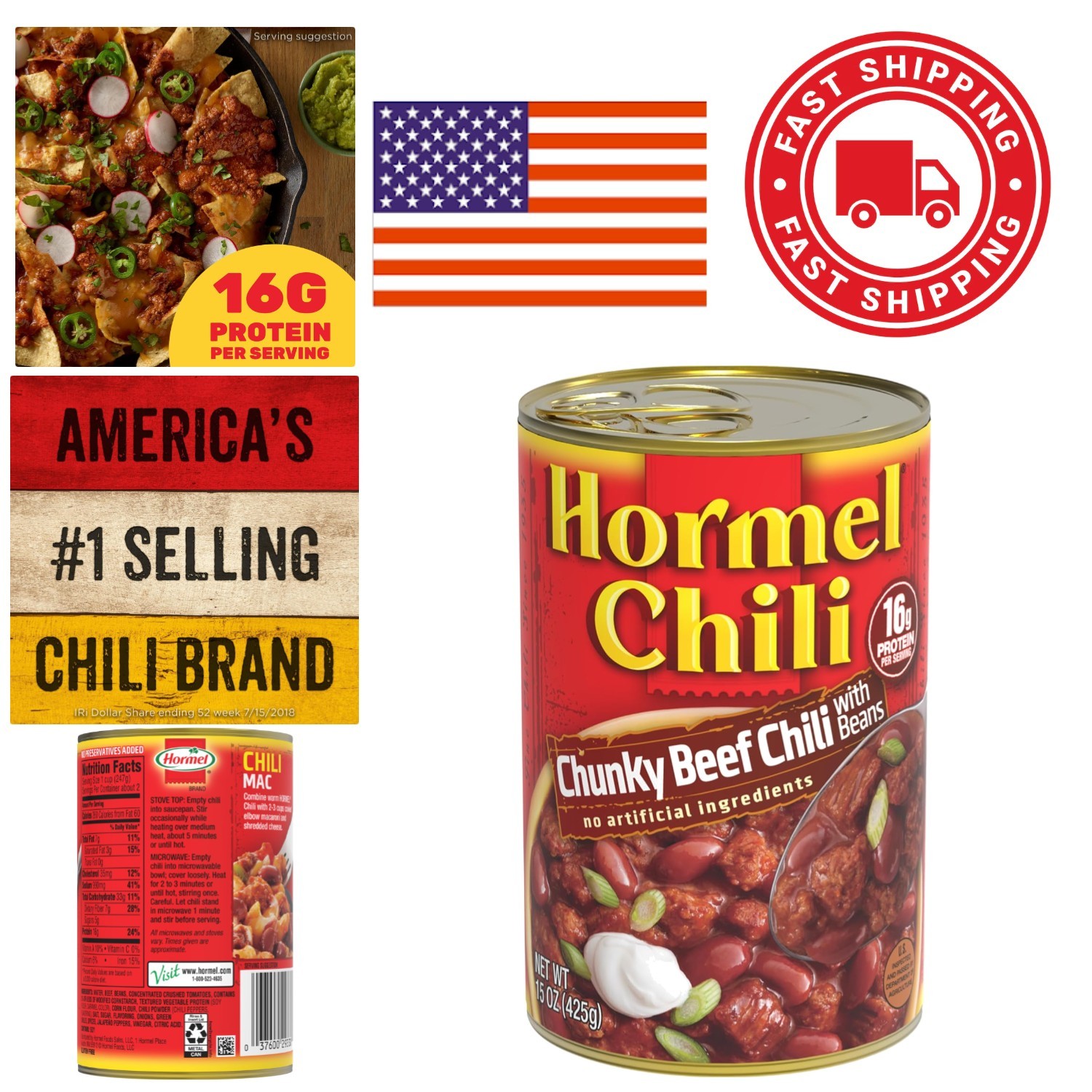 15 Ounce Chunky Beef Chili with Beans No Artificial Ingredients Savory Flavor