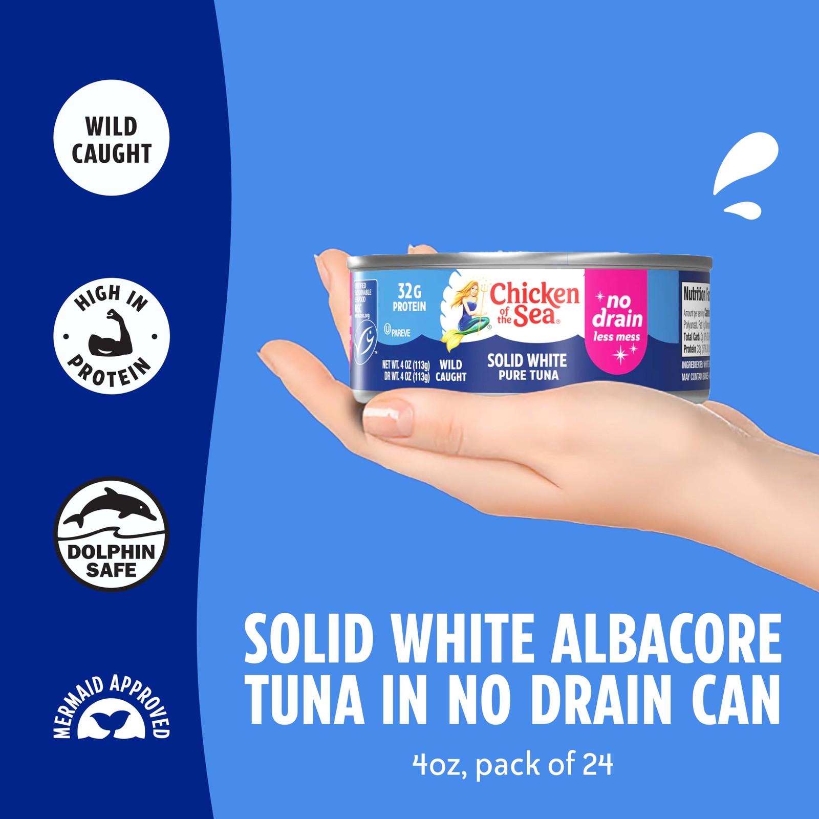 Chicken of the Sea Solid White Pure Albacore Tuna, Wild Caught, No Drain, 4 o…