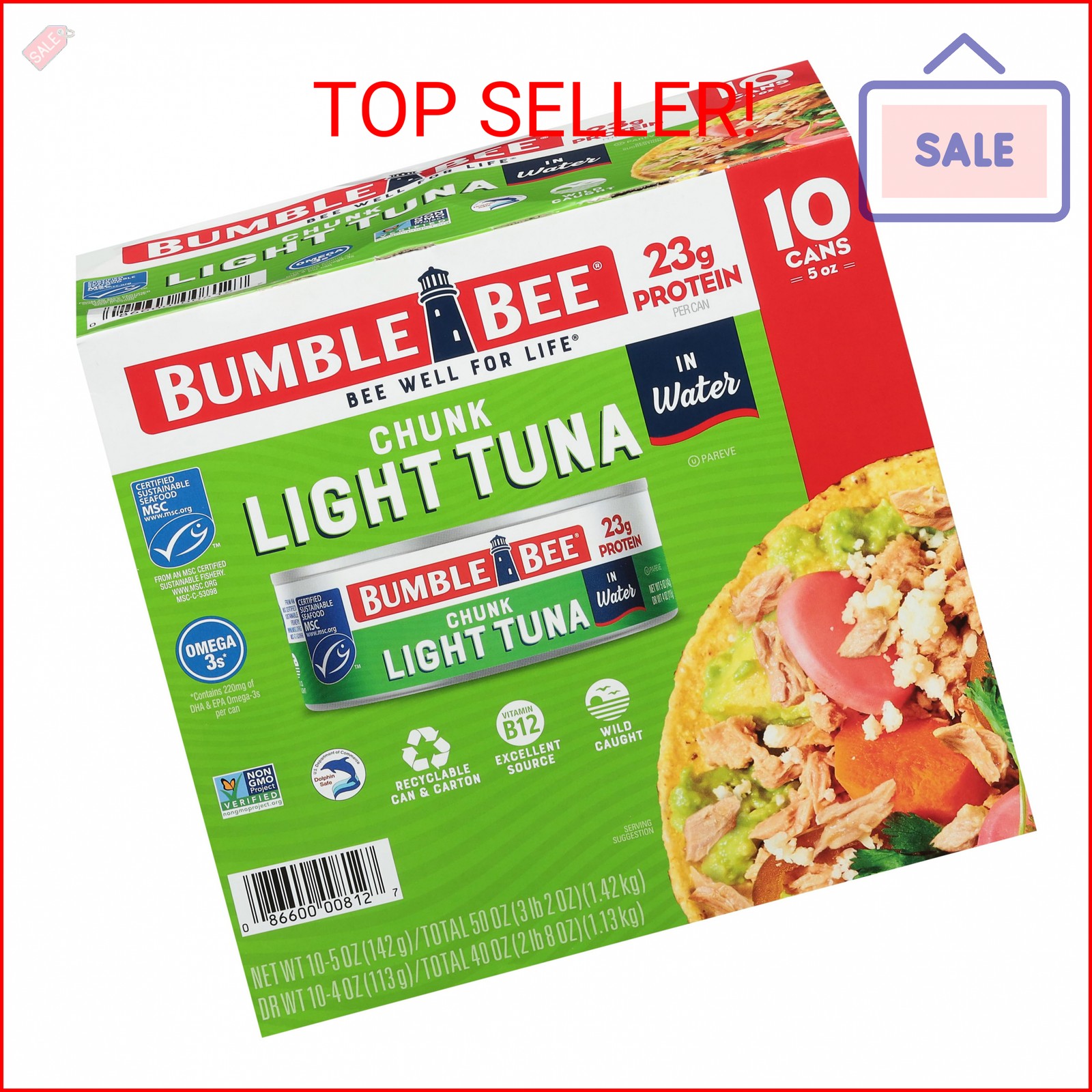 Bumble Bee Chunk Light Tuna In Water, 5 oz Cans (Pack of 10) – Wild Caught Skipj