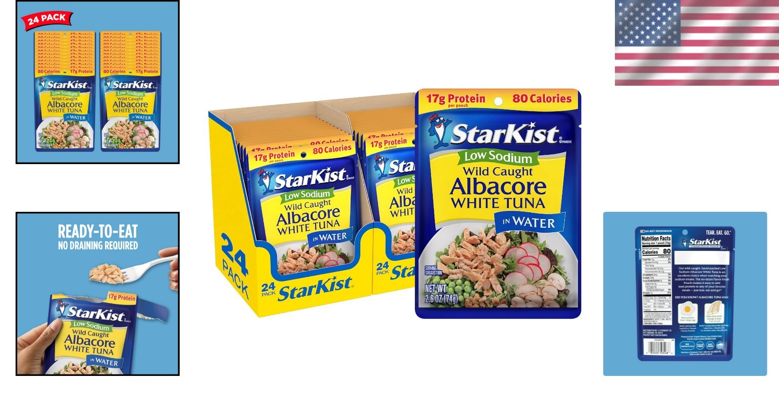 Low Sodium Wild Caught Albacore Tuna Pouch 2.6 oz – 24 Pack Gluten Free Snack