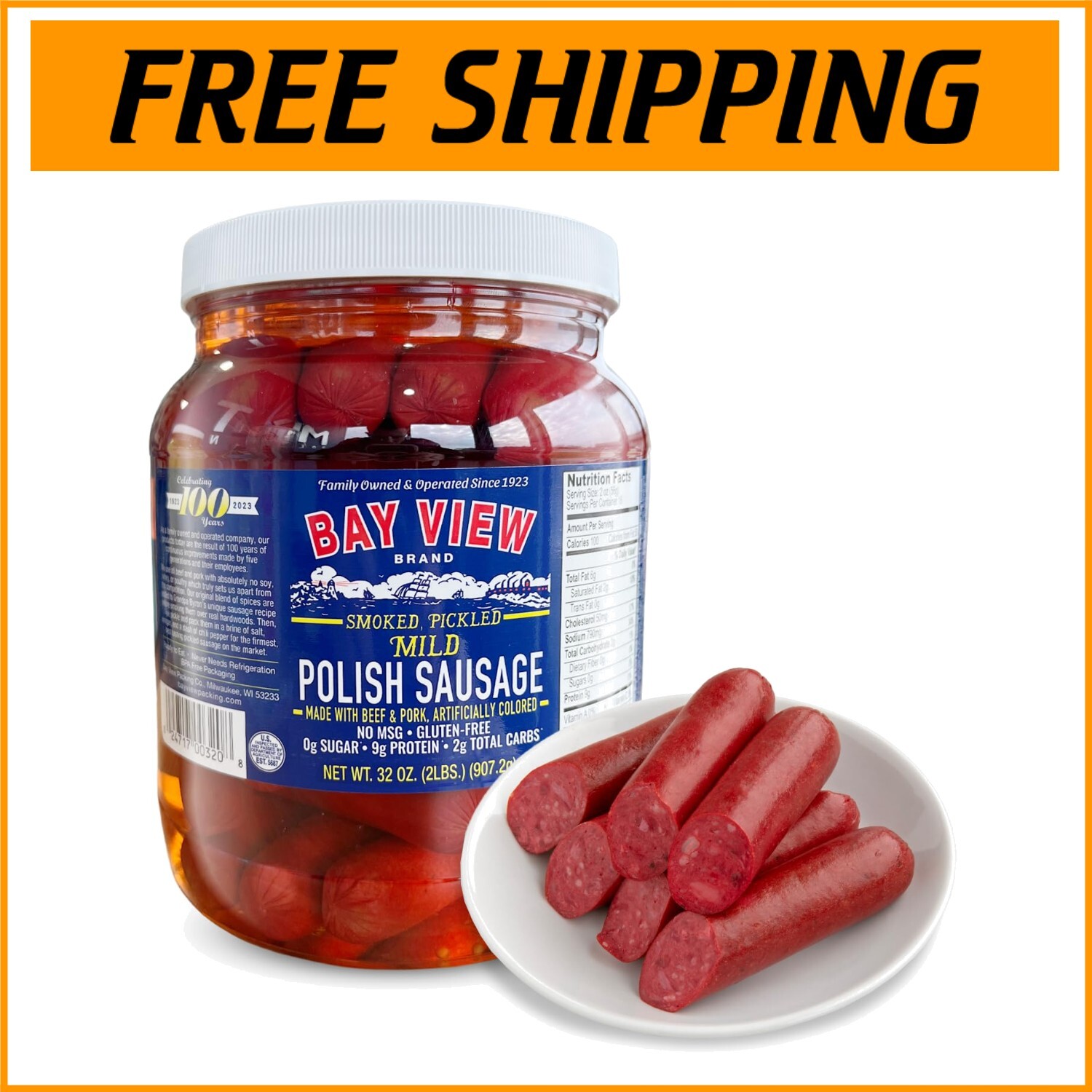 Bay View Smoked Pickled Polish Sausage – Gluten Free, No MSG, 32oz Jar-`