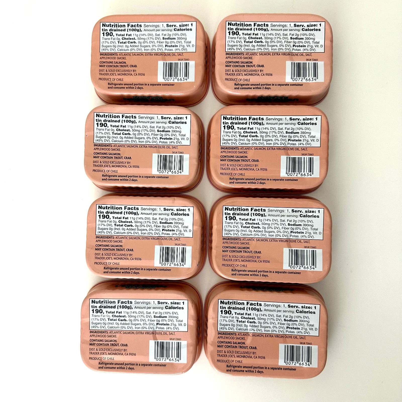 8 Pack Trader Joe’s Light Smoked Salmon Skinless Boneless in Olive Oil 5 oz Each