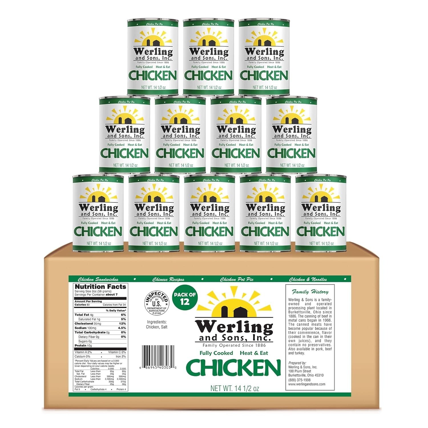 12 Cans – Werling & Sons Canned Chicken Fully Cooked Ready to Eat 14.5 Oz Food
