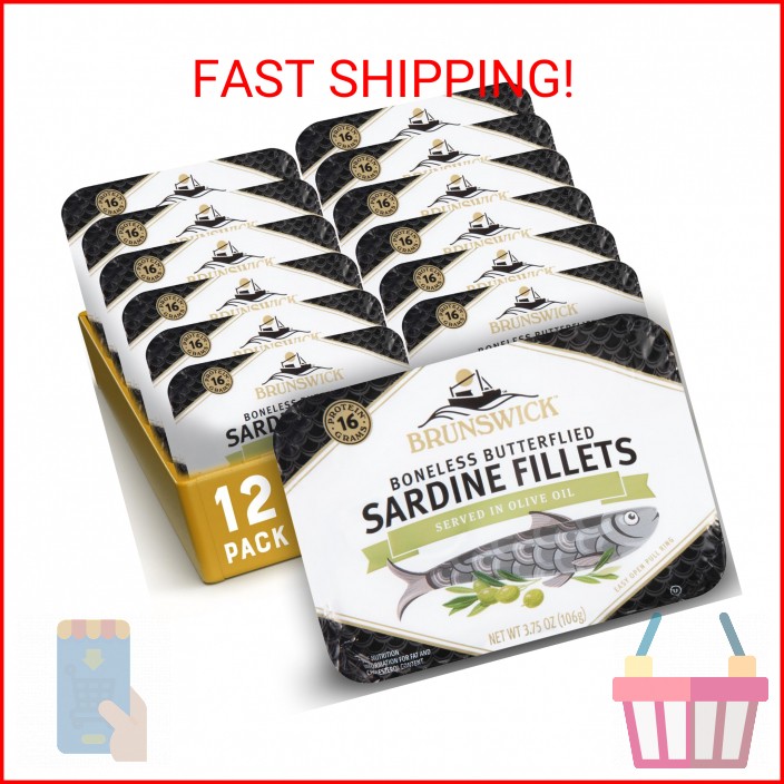Brunswick Sardines in Olive Oil, 3.75 oz Can (Pack of 12) – Boneless Butterflied