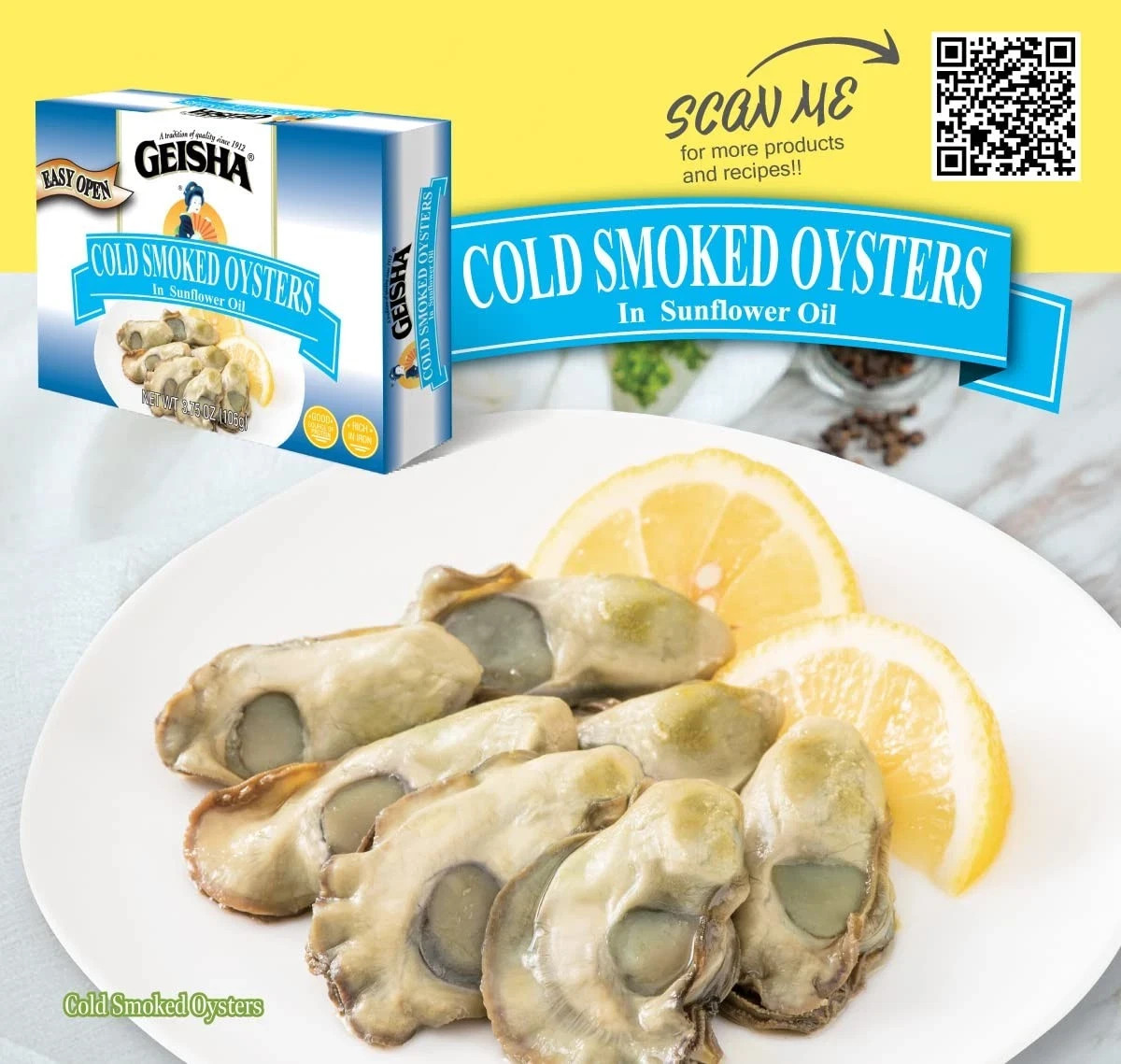 GEISHA Cold Smoked Oysters in Sunflower Oil 3.75ozPack of 12 Smoked Oysters |…