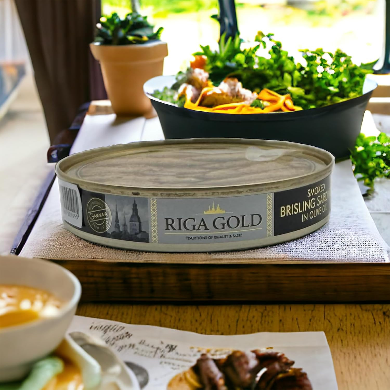 Riga Gold Smoked Brisling Sardines in Olive Oil 4.23 Clear Top Ounces (120G) (Pa
