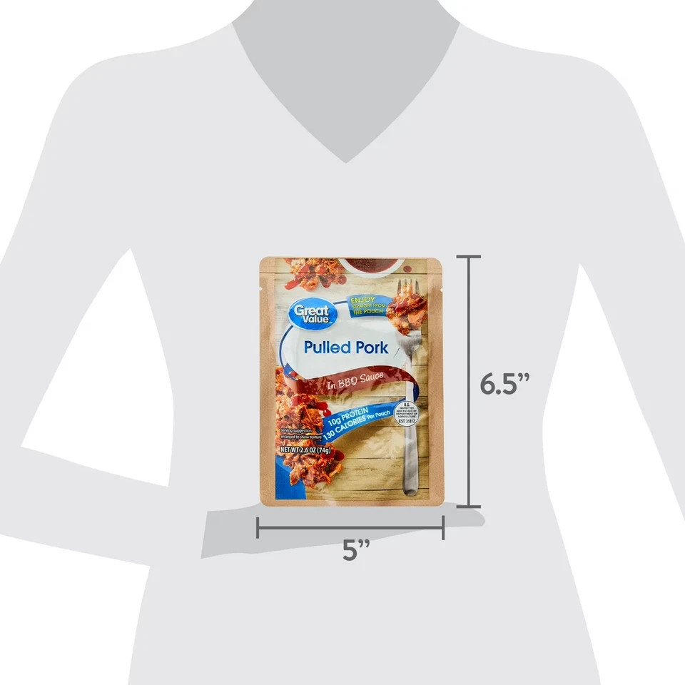 (3 pack) Great Value Pulled Pork, in BBQ Sauce, 2.6 oz Pouch
